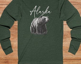 Camiseta de manga larga con estampado de oso grizzly de Alaska: Camiseta unisex de aventura.