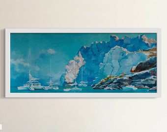 May include: A framed watercolor painting of a seascape with white sailboats in a blue bay. The background features a rocky cliff face with a blue and white color scheme.