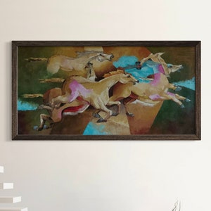 Origineel kunstwerk, rennende paarden olieverfschilderij op canvas, abstract schilderij groot