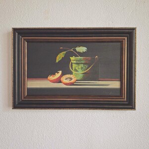 Opera d'arte originale, Pesche, Pianta in vaso, Dipinto ad olio su tela, Natura morta, Incorniciata, Sfondo scuro, Realizzo opere d'arte personalizzate