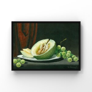 Half Melon and Pieces on the Plate, Green Grapes Still Life Oil Painting on Canvas, Framed/Unframed, Original Artwork, Dutch Style