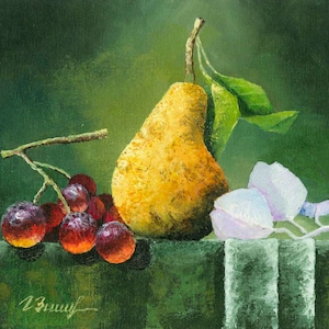Original Oil Painting on Canvas, Pear Grape Still Life, Framed/Unframed, Artwork