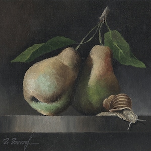 Pears with Snail, Oil Still Life Painting on Canvas, Framed/Unframed, Original work