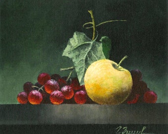 オリジナル油絵：ワインボトル、リンゴ、ブドウの静物画（9.84 x 13.8