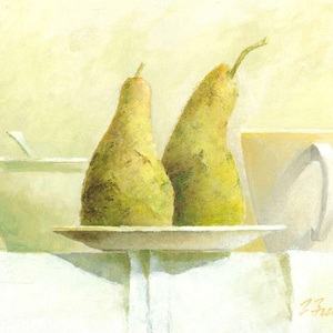 Pears on the Table, Dining Set, Cup Still Life Oil Painting on Canvas, Framed/Unframed, Original Artwork