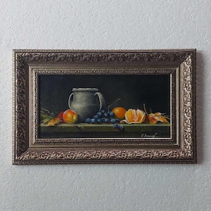 Gerahmtes Stillleben-Ölgemälde: Vintage Apfel & Trauben, 15x9