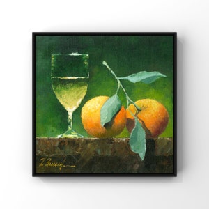 Original Oil Painting on Canvas, Oranges, Wine, Glass Still Life Artwork Framed/Unframed