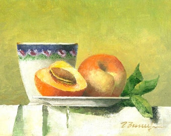 Peaches on the Plate, Cup Oil Painting on Canvas, Still Life, Framed/Unframed, Original Artwork, Light Background