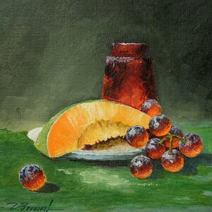 Melon Grape Jar Still Life Painting on Canvas, Framed/Unframed, Original work
