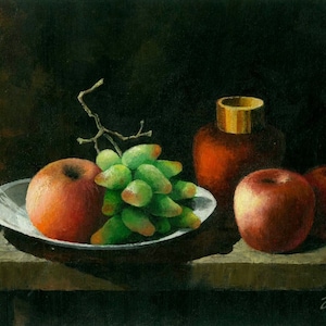 Fruits on the Plate, Apples, Grape Oil Painting on Canvas, Still Life, Framed/Unframed, Original Artwork, Dark Background