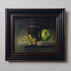 Original Malerei, Vase, Weintraube, Apfel, Öl auf Leinwand, Stillleben, Gerahmt / Ungerahmt, Dunkler Hintergrund, Erntedankgeschenk, Geschenk