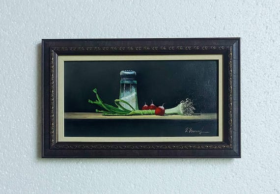 Retro-style worthy of a gift: oil painting on canvas in a frame — still life on a dark background