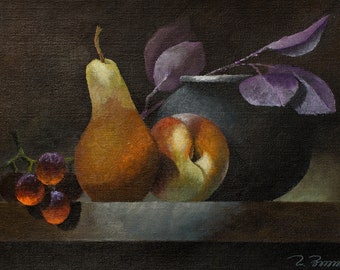 Fruits, Violet Leaves Oil Painting on Canvas, Still Life, Framed/Unframed, Original Artwork