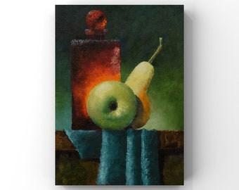 May include: A still life painting depicting a red glass bottle, a green apple, and a yellow pear on a blue cloth. The background is a dark green.