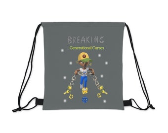 May include: Gray drawstring bag with a cartoon illustration of a person breaking chains. The text "BREAKING Generational Curses" is printed on the bag.