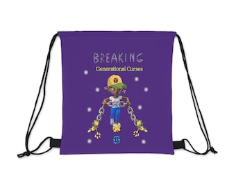 May include: Purple drawstring bag with a cartoon illustration of a person breaking chains. The text "BREAKING Generational Curses" is printed on the bag.