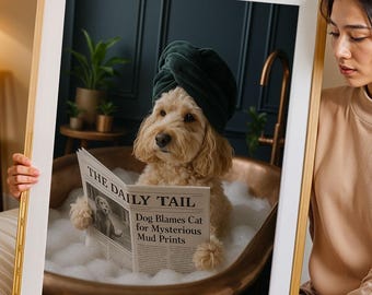 Tierportrait - Humorvolle Badezimmerszene, Personalisierte Hunde- oder Katzenkunst, Einzigartiges Geschenk für Tierliebhaber, Lustige Haustierkunst, Muttertagsgeschenk