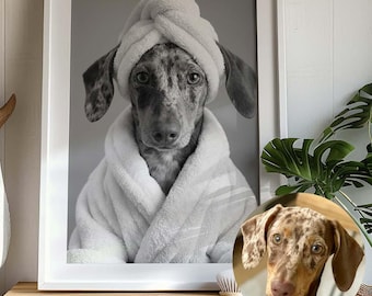 Custom Pet Portrait – Humorous Bathroom Scene, Personalised Dog or Cat Art, Unique Gift for Pet Lovers, Funny Pet Art, Animal lover