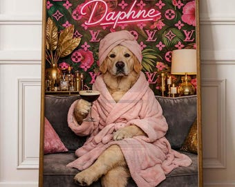 May include: A framed print featuring a golden retriever in a pink robe and head wrap, holding a cocktail. The background has a floral pattern with the name "Daphne" in pink neon. The dog is seated on a gray sofa.