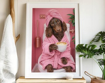Custom Pet Portrait – Humorous Bathroom Scene, Personalised Dog or Cat Art, Unique Gift for Pet Lovers, Funny Pet Art, Mothers Day