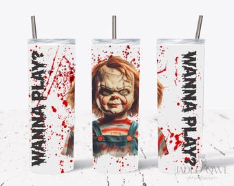 Peut inclure: Gobelet blanc avec un motif de poupée Chucky et le texte "WANNA PLAY?" en noir. Le motif comprend des éclaboussures de sang rouge. Le gobelet est doté d'une paille argentée.