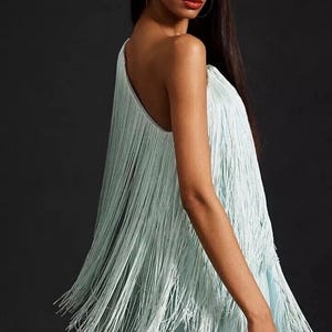 NWOT Hutch x Anthropologie one shouldered fringe mini dress in MINT sz L image 3