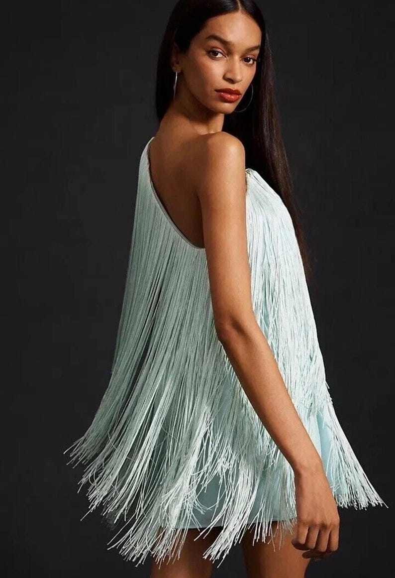 NWOT Hutch x Anthropologie one shouldered fringe mini dress in MINT sz L image 3