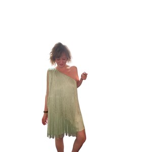 NWOT Hutch x Anthropologie one shouldered fringe mini dress in MINT sz L image 5