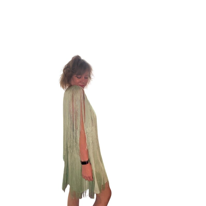 NWOT Hutch x Anthropologie one shouldered fringe mini dress in MINT sz L image 6