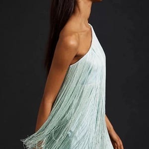 NWOT Hutch x Anthropologie one shouldered fringe mini dress in MINT sz L image 2