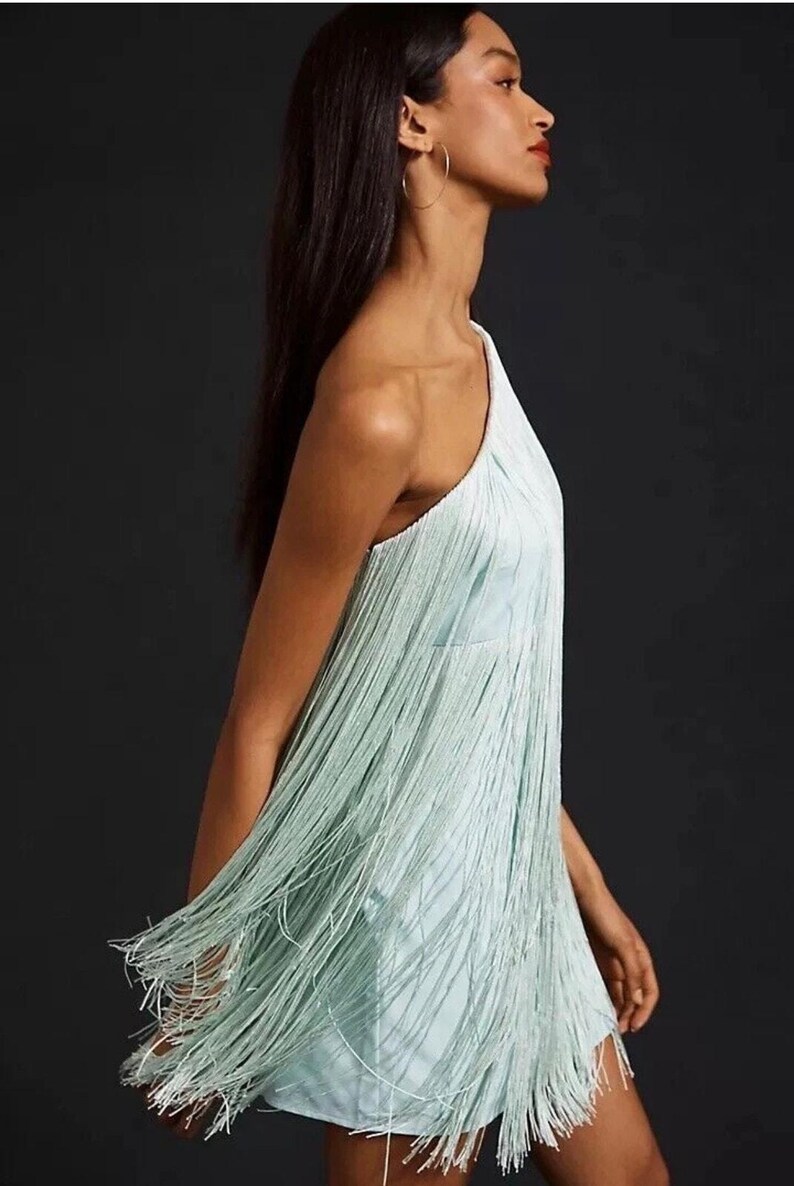 NWOT Hutch x Anthropologie one shouldered fringe mini dress in MINT sz L image 2