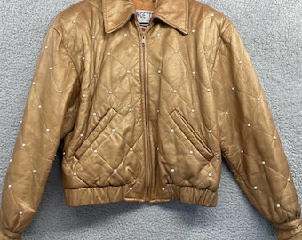 Vintage 1980s GINGETTE Gold Leather Pearl Jacket Womens 10 Medium Quilted