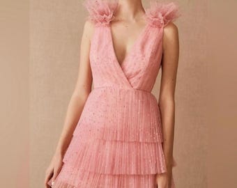 Monique Lhuillier perrie tulle tiered, deep V mini pink sparkle dress