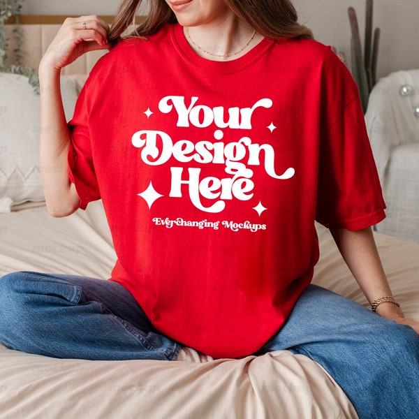 Comfort Colors 1717 Mockup Red, Comfort Colors Mockup, Trendy Model Mockup, Boho Tshirt Mockup, Red Shirt Mockup, Real Person Mockup