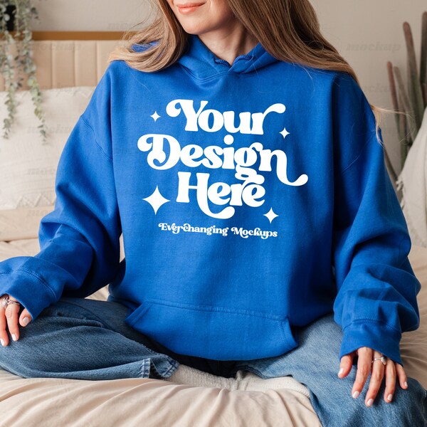 Gildan 18500 Mockup Royal, Gildan Hoodie Mockup, Royal Gildan Mockup, Trendy Sweatshirt Mockup, Boho Gildan Model Mockup, Aesthetic Mockup