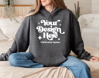 Gildan 18500 Mockup Dark Heather, Gildan Hoodie Mockup, Dark Heather Gildan Mockup, Trendy Sweatshirt Mockup, Boho Gildan Model Mockup