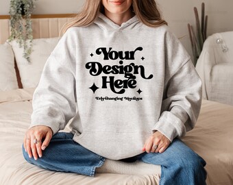 Gildan 18500 Mockup Ash, Gildan Hoodie Mockup, Ash Gildan Mockup, Trendy Sweatshirt Mockup, Boho Gildan Model Mockup, Aesthetic Mockup