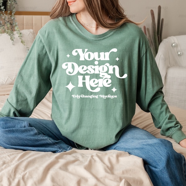 Comfort Colors 6014 Mockup Light Green, Comfort Colors Mockup, Long Sleeve Mockup, 6014 Light Green Mockup, Model Mockup, Real Person Mockup