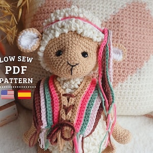 May include: Crochet amigurumi pattern for a cute sheep wearing a colorful crocheted vest. The pattern is available in both English and Spanish.  Low Sew PDF Pattern.