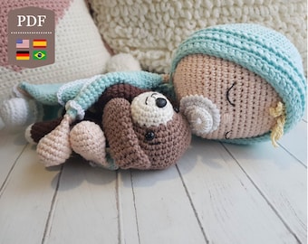 Patrón de ganchillo, manta de bebé amigurumi con perrito, tutorial en inglés, español, alemán y portugués