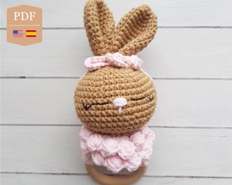 Crochet Pattern, Amigurumi Bunny Rattle Pattern, Cute Baby Toy, English and Spanish PDF Tutorial