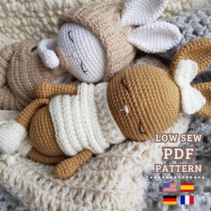 Crochet Pattern,Amigurumi Baby Bunnies, Low Sew Pattern, Bunnies with Clothes, English, Spanish, German and French PDF Tutorial