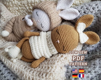 Modèle au crochet, bébés lapins amigurumi, motif de couture basse, lapins avec des vêtements, tutoriel PDF en anglais, espagnol, allemand et français