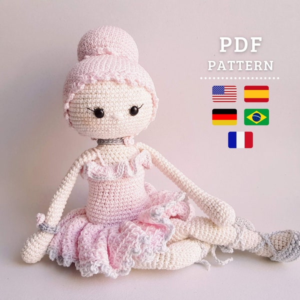 Modèle au crochet, ballerine amigurumi Amy, poupée ballerine flexible, tutoriel anglais, espagnol, français, allemand et portugais