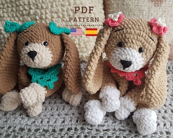 Patrón de crochet, amigurumi Lovey Dog Snuggler, lindo patrón de perro de crochet, sin costuras, tutorial en PDF en inglés y español