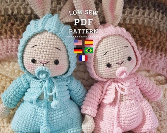 Crochet Pattern, Amigurumi Twin Bunnies, Lovely Bunnies with Baby Clothes, English, Spanish, French, German and Portuguese Tutorial