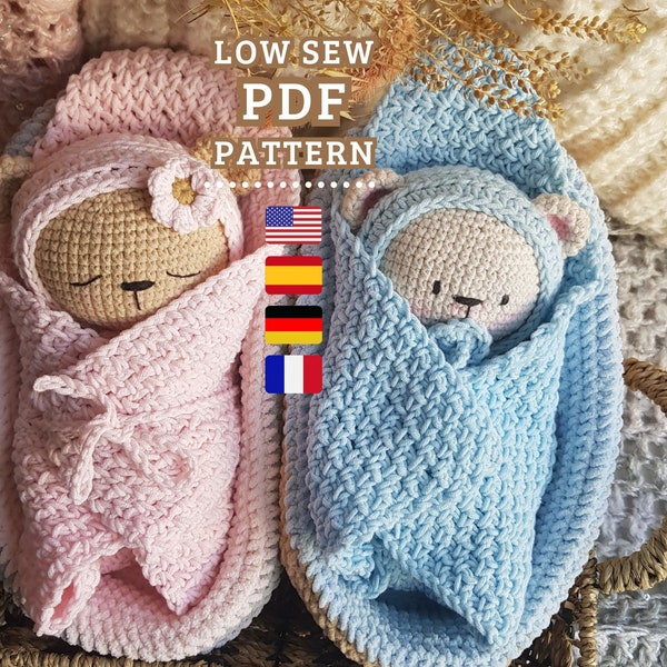 Häkelanleitung, Amigurumi-Babybären, niedriges Nähmuster, süße kleine Bären mit Kinderbetten, englische, spanische, französische und deutsche Anleitung