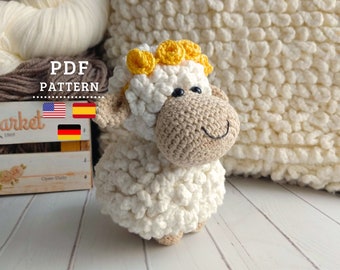 Häkelanleitung, Amigurumi Oli das Schaf, süßes Schäfchen, Englisch, Spanisch und Deutsch, PDF-Anleitung