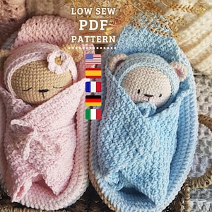 Wzór szydełkowy, Amigurumi Baby Bears, Wzór do szycia nisko, Urocze małe misie z łóżeczkami, Angielski, Hiszpański, Francuski, Niemiecki i Włoski Tutorial