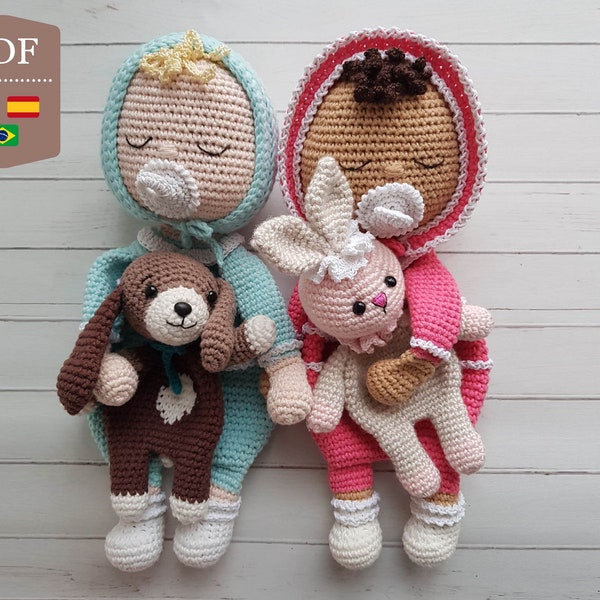 Modèle au crochet, bébés jumeaux Lovey Amigurumi avec animaux de compagnie, motifs 2 x 1, tutoriels en anglais, espagnol et portugais